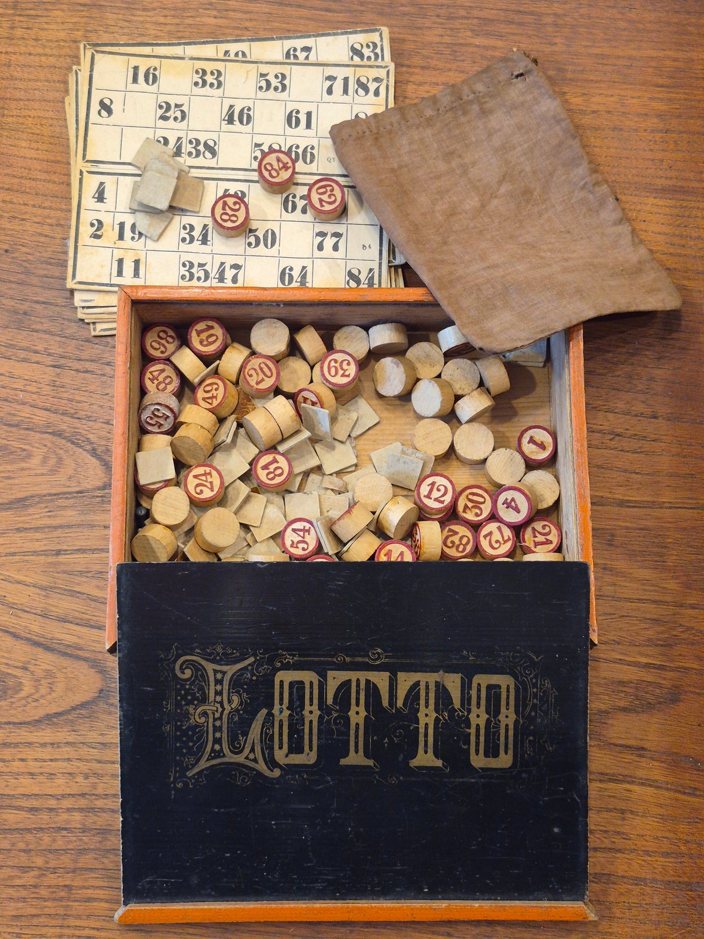 Antikes Lotto-Spiel, Holzbox mit Originalinhalt, Vintage Spiel